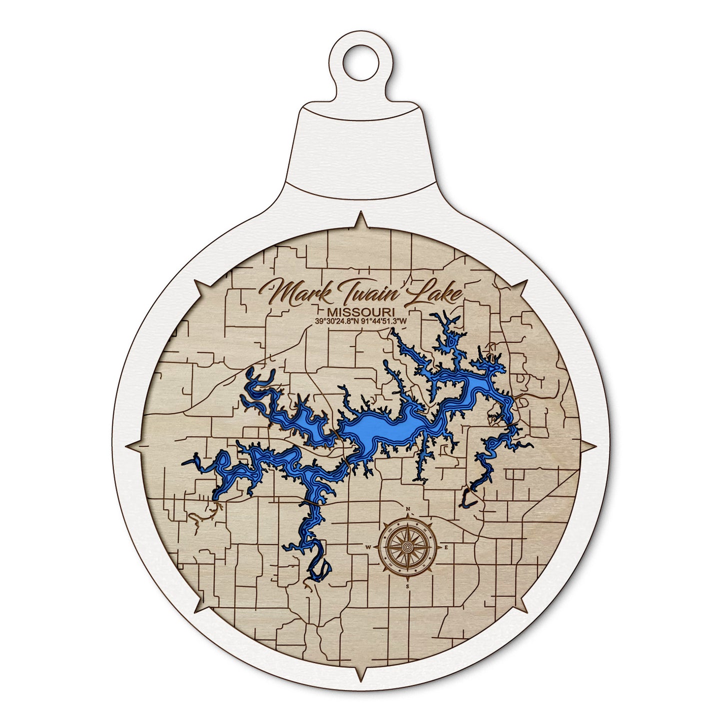 Mark Twain Lake, Missouri Custom 3D Layered Wood Lake Map Ornament | Handcrafted Bathymetric Art