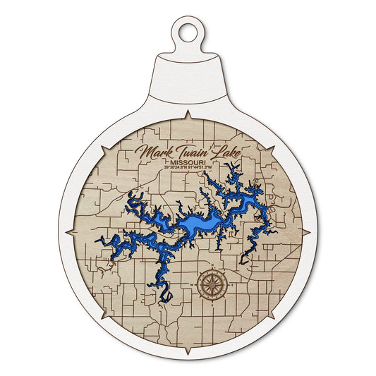 Mark Twain Lake, Missouri Custom 3D Layered Wood Lake Map Ornament | Handcrafted Bathymetric Art