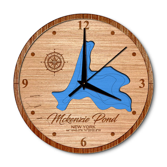 McKenzie Pond, New York 14in Layered Map Clock - Any Lake, Pond, or Reservoir - Unique Home Decor