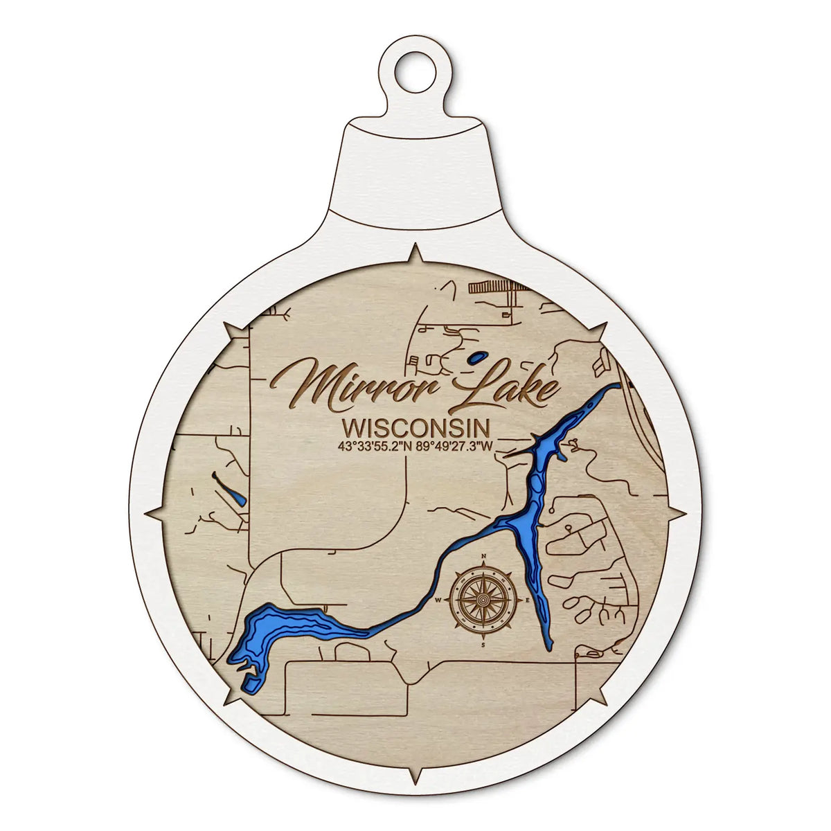 Mirror Lake in Baraboo, Wisconsin Custom 3D Layered Wood Lake Map Ornament | Handcrafted Bathymetric Art