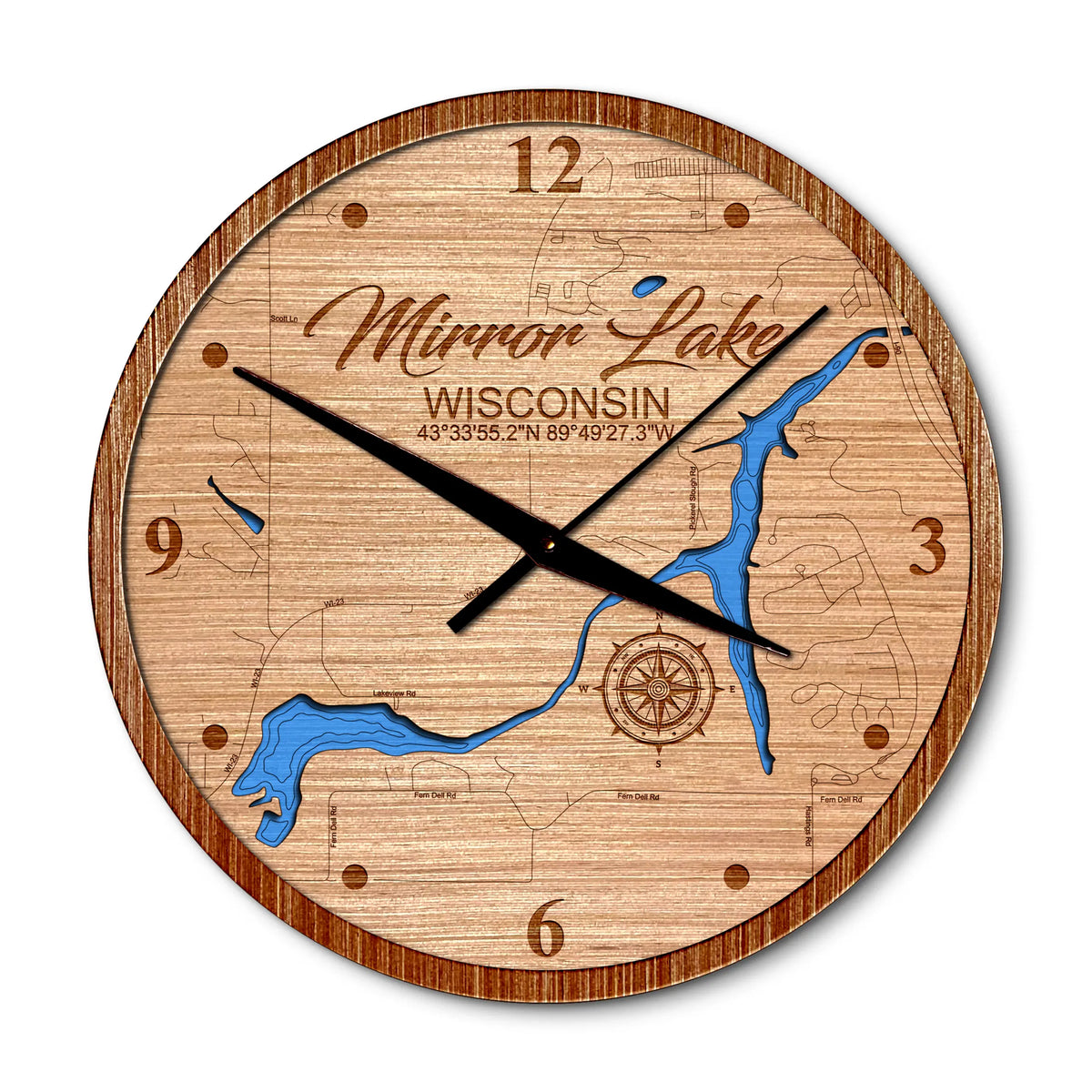 Mirror Lake in Baraboo, Wisconsin 14in Layered Map Clock - Any Lake, Pond, or Reservoir - Unique Home Decor