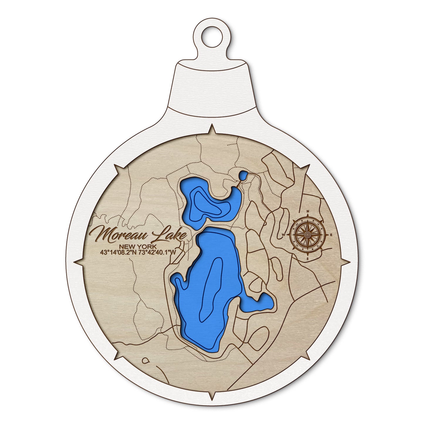 Moreau Lake, New York Custom 3D Layered Wood Lake Map Ornament | Handcrafted Bathymetric Art