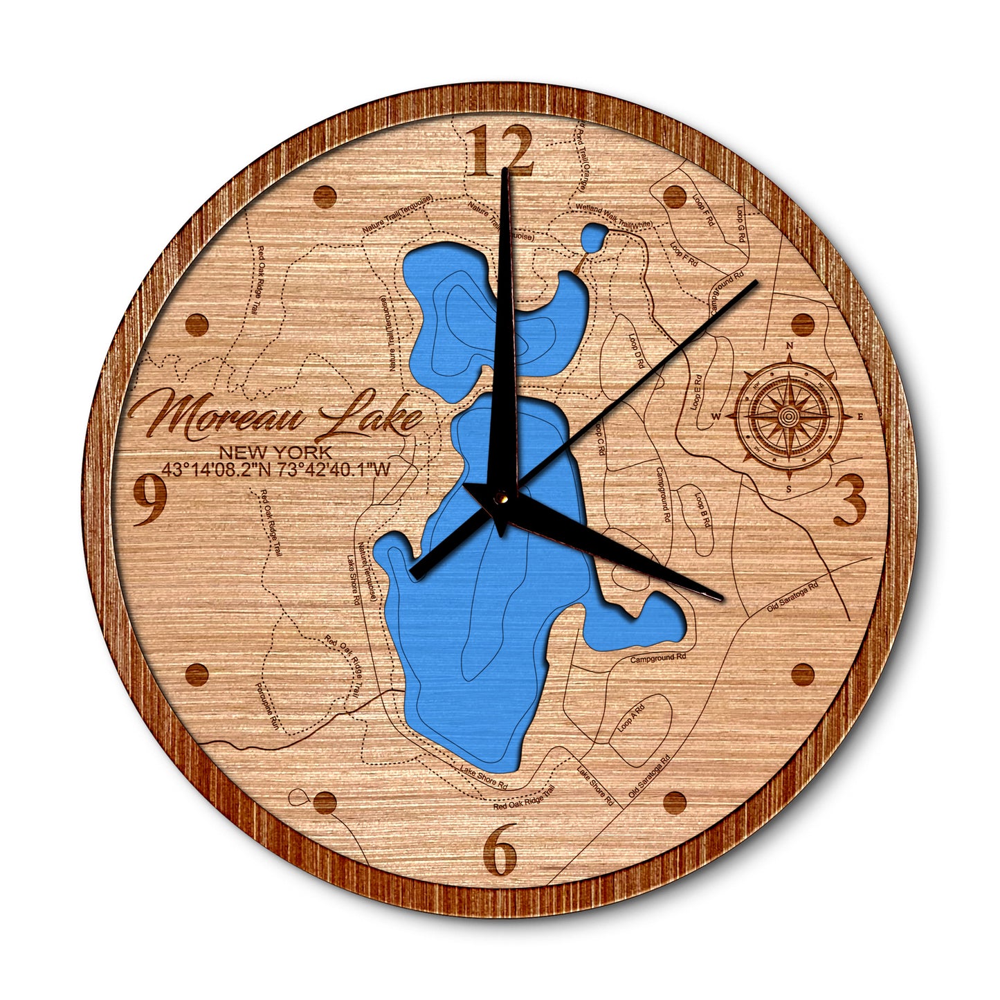 Moreau Lake, New York 14in Layered Map Clock - Any Lake, Pond, or Reservoir - Unique Home Decor