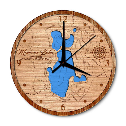 Moreau Lake, New York 14in Layered Map Clock - Any Lake, Pond, or Reservoir - Unique Home Decor