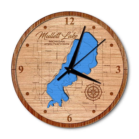 Mullet Lake, Michigan Layered Map Clock - Any Lake, Pond, or Reservoir - Unique Home Decor