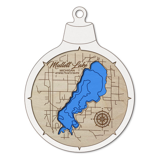 Mullet Lake, Michigan Custom 3D Layered Wood Lake Map Ornament | Handcrafted Bathymetric Art