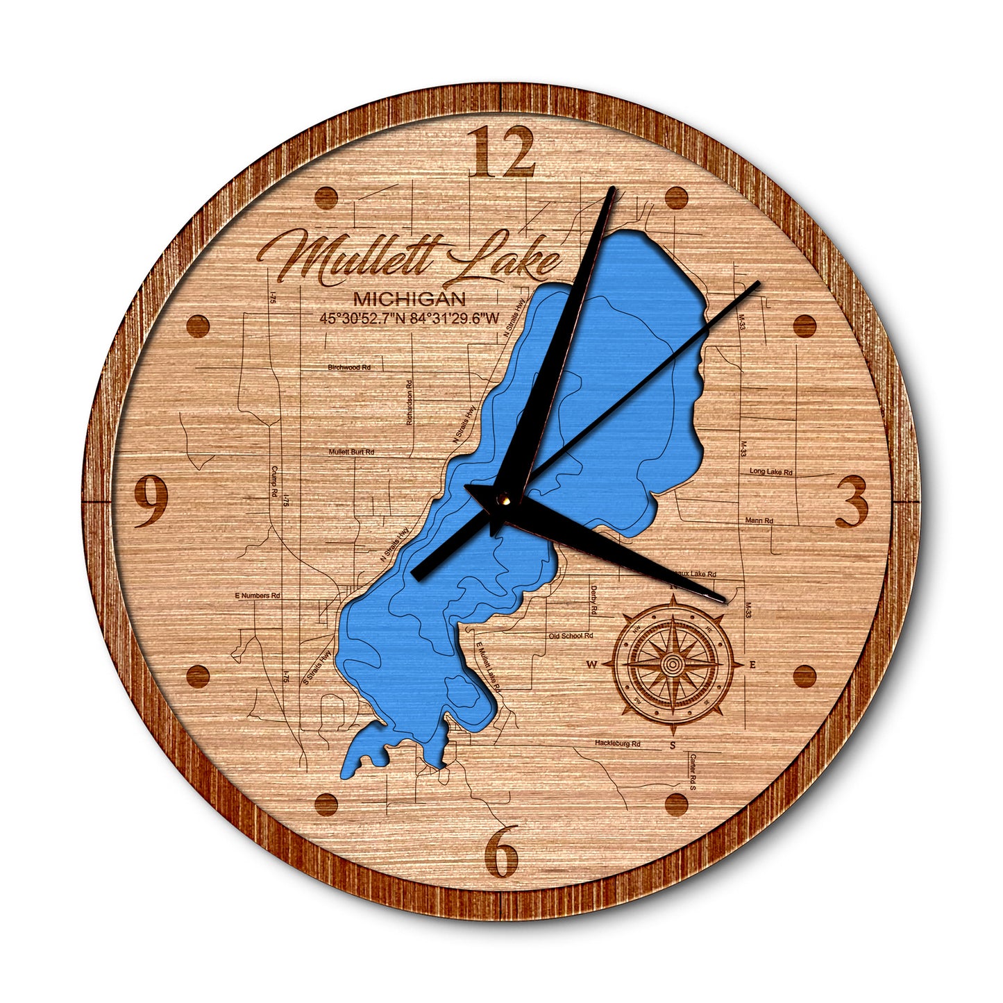 Mullet Lake, Michigan 14in Layered Map Clock - Any Lake, Pond, or Reservoir - Unique Home Decor