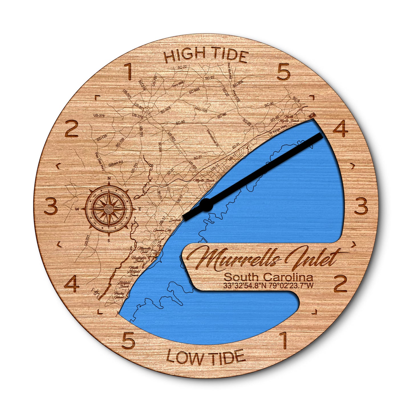 Murrells Inlet, South Carolina 14in Layered Map Clock - Any Lake, Pond, or Reservoir - Unique Home Decor