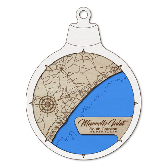 Murrells Inlet, South Carolina Custom 3D Layered Wood Lake Map Ornament | Handcrafted Bathymetric Art