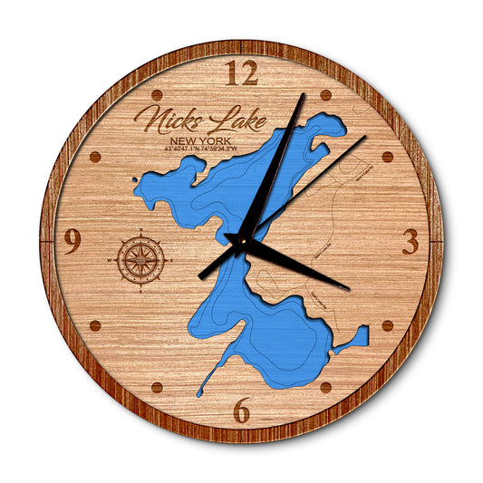Nicks Lake, New York Layered Map Clock - Any Lake, Pond, or Reservoir - Unique Home Decor