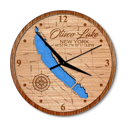 Otisco Lake, New York 14in Layered Map Clock - Any Lake, Pond, or Reservoir - Unique Home Decor