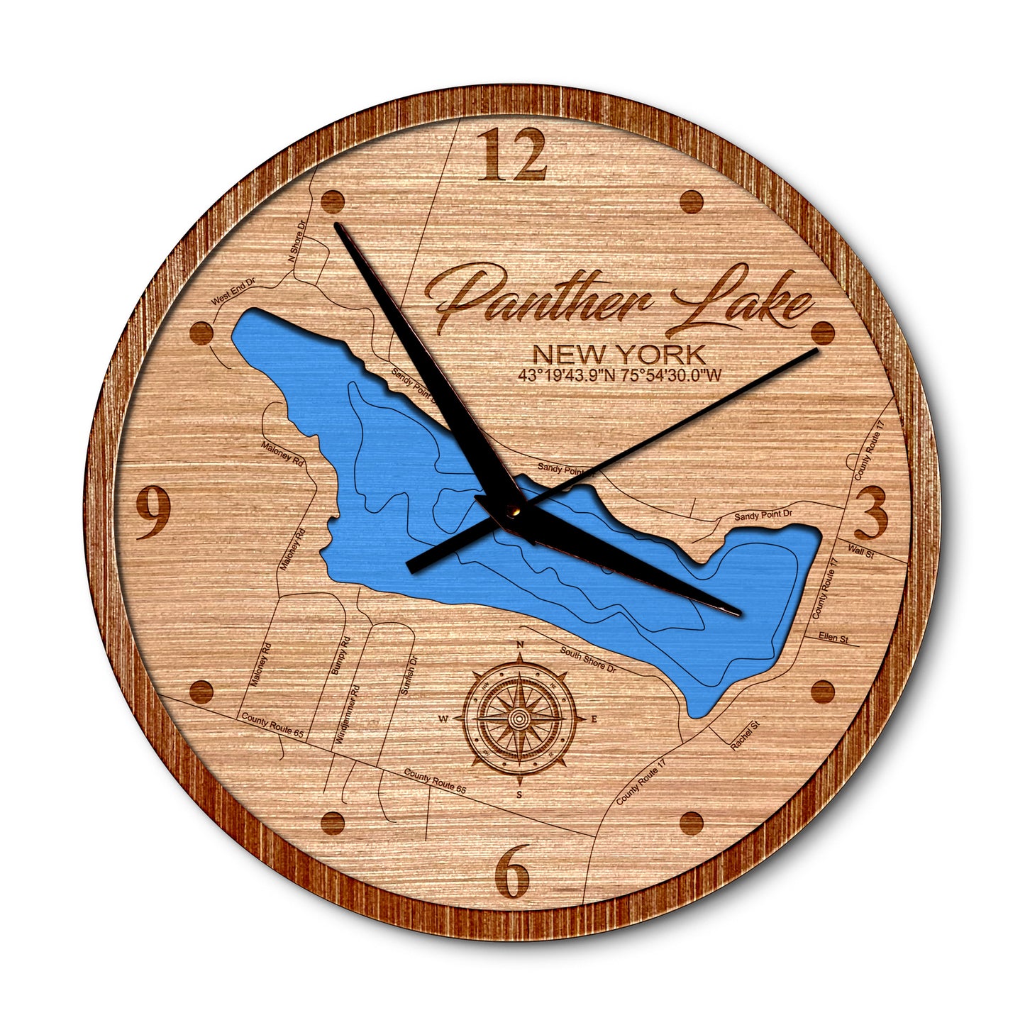 Panther Lake, New York 14in Layered Map Clock - Any Lake, Pond, or Reservoir - Unique Home Decor