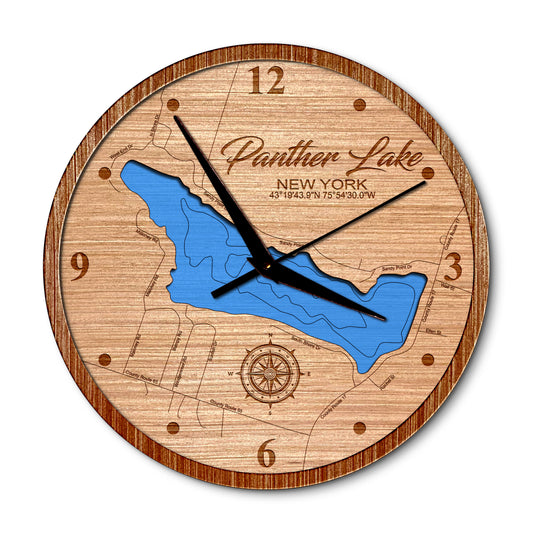 Panther Lake, New York 14in Layered Map Clock - Any Lake, Pond, or Reservoir - Unique Home Decor