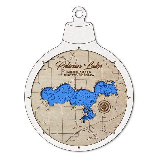 Pelican Lake, Minnesota Custom 3D Layered Wood Lake Map Ornament | Handcrafted Bathymetric Art
