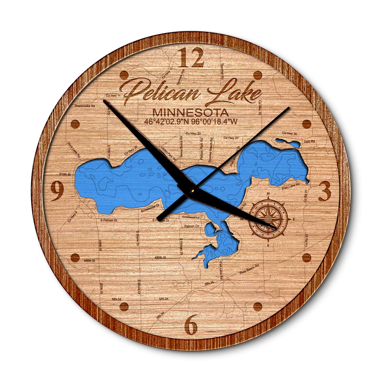 Pelican Lake, Minnesota 14in Layered Map Clock - Any Lake, Pond, or Reservoir - Unique Home Decor