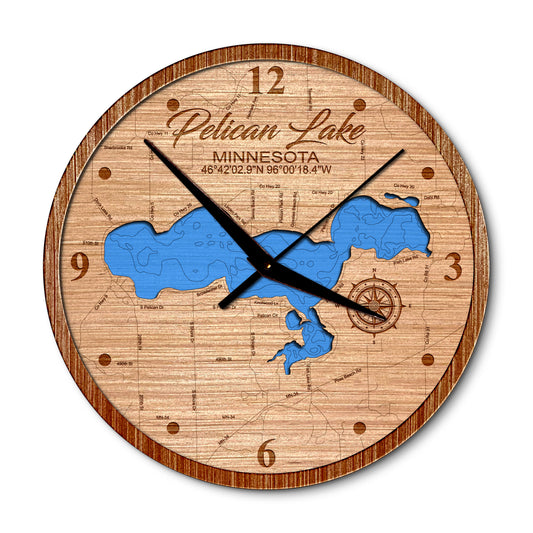 Pelican Lake, Minnesota 14in Layered Map Clock - Any Lake, Pond, or Reservoir - Unique Home Decor