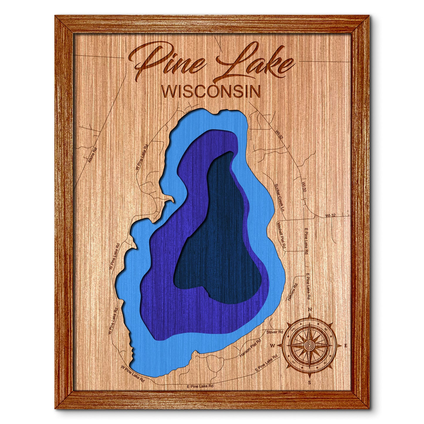 Pine Lake, Wisconsin Depth Map - Any Lake, Pond, or Reservoir - Unique Home Decor, Wall Art