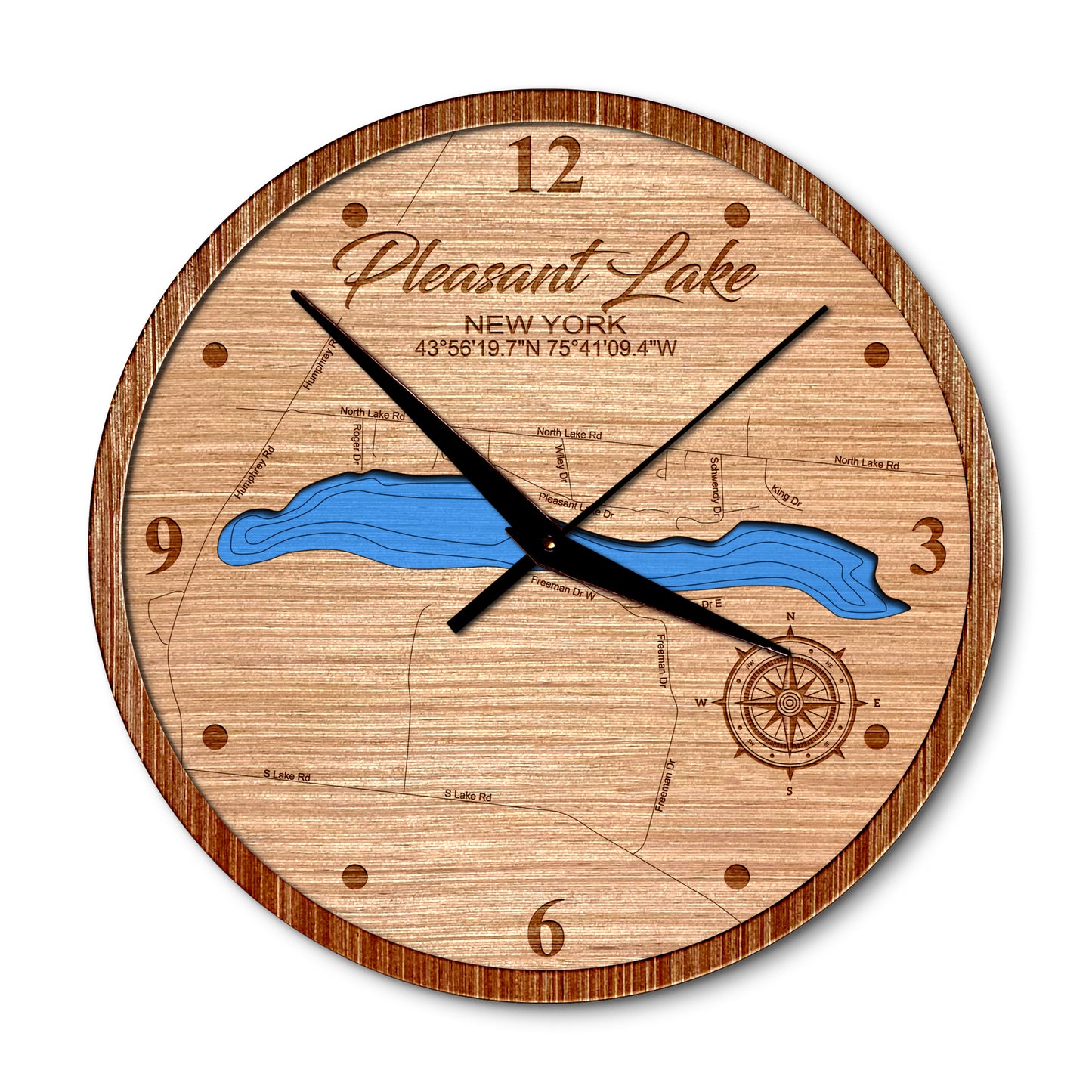 Pleasant Lake, Champion New York 14in Layered Map Clock - Any Lake, Pond, or Reservoir - Unique Home Decor