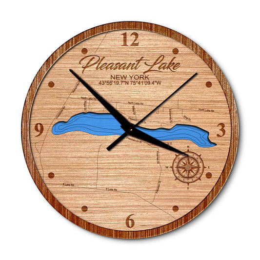 Pleasant Lake, Champion New York 14in Layered Map Clock - Any Lake, Pond, or Reservoir - Unique Home Decor