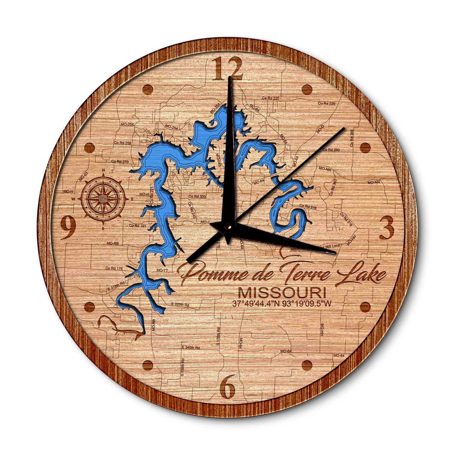Pomme de Terre Lake, Missouri 14in Layered Map Clock - Any Lake, Pond, or Reservoir - Unique Home Decor