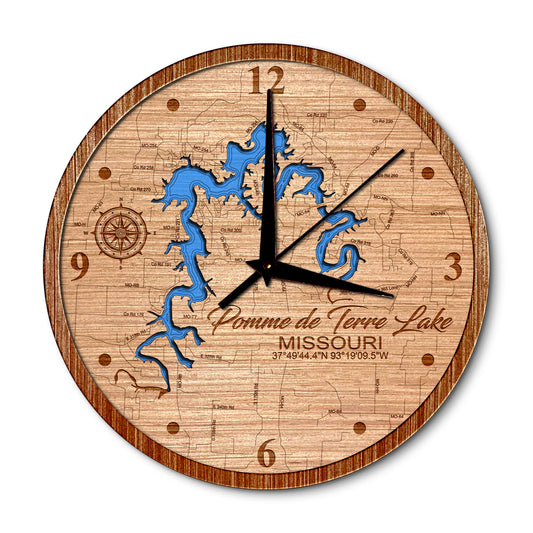 Pomme de Terre Lake, Missouri 14in Layered Map Clock - Any Lake, Pond, or Reservoir - Unique Home Decor