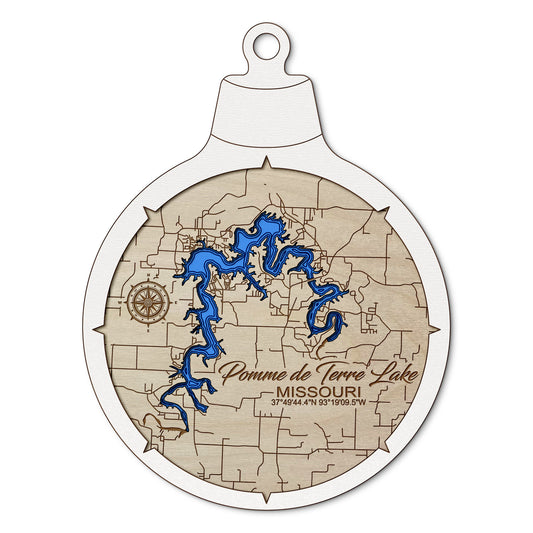 Pomme de Terre Lake, Missouri Custom 3D Layered Wood Lake Map Ornament | Handcrafted Bathymetric Art