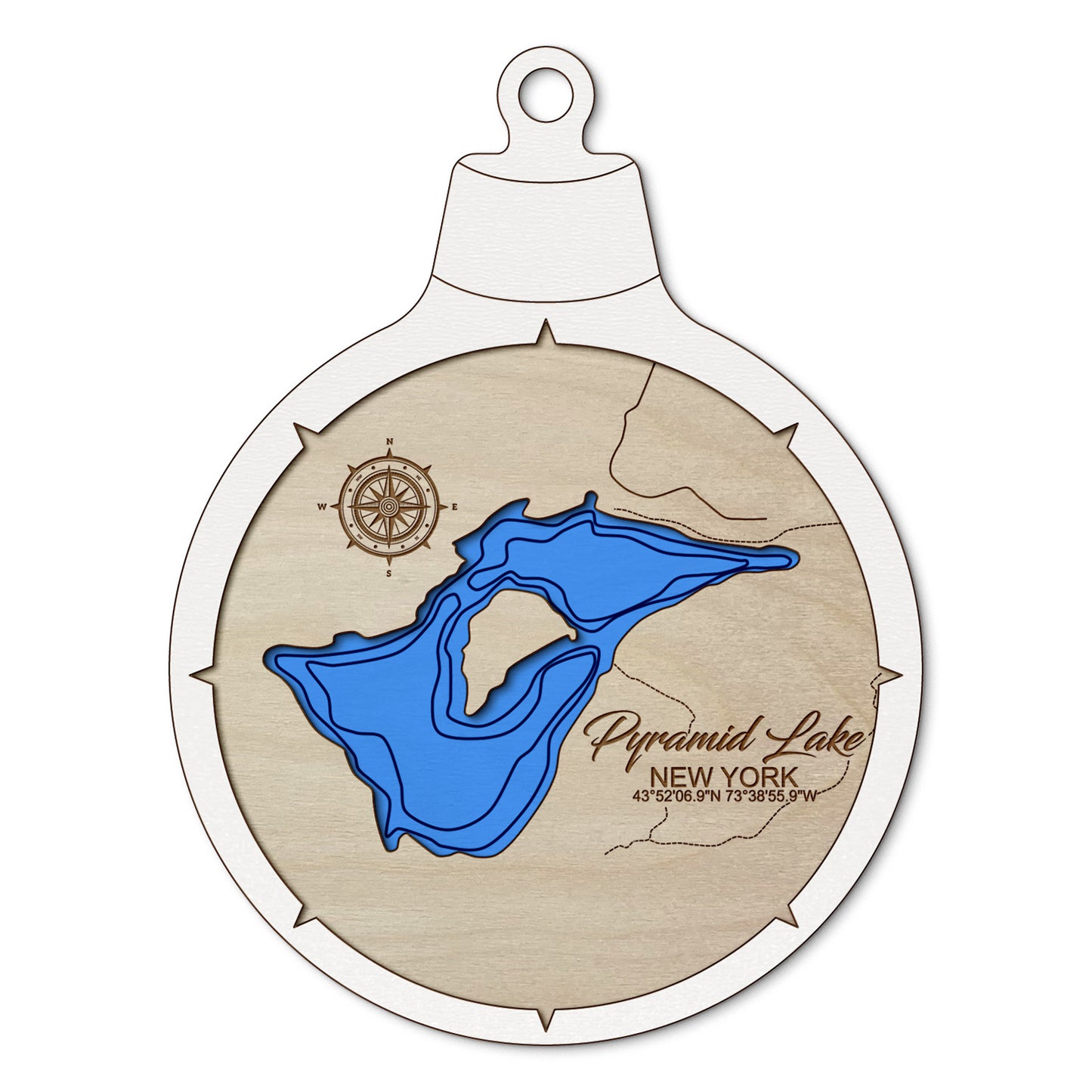 Pyramid Lake, New York Custom 3D Layered Wood Lake Map Ornament | Handcrafted Bathymetric Art
