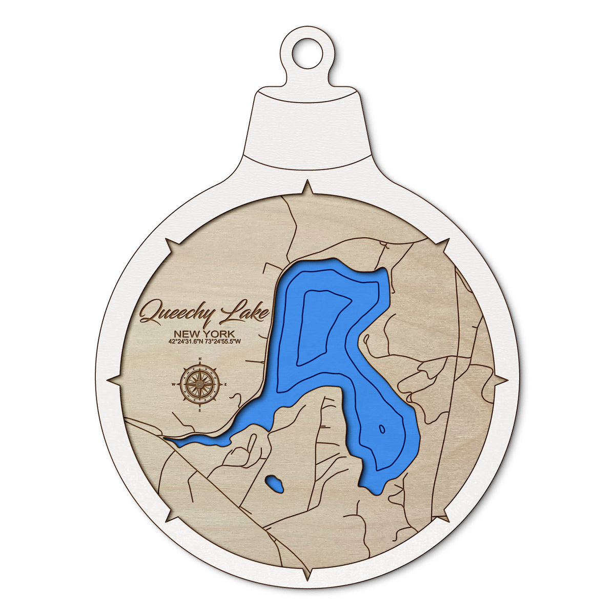 Queechy Lake, New York Custom 3D Layered Wood Lake Map Ornament | Handcrafted Bathymetric Art