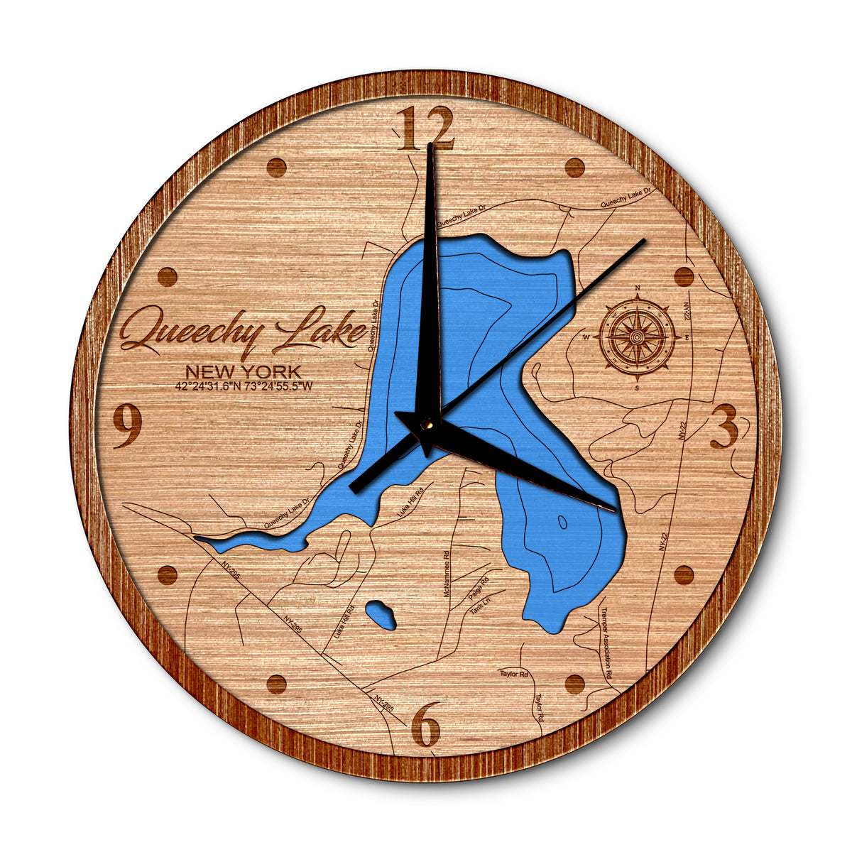 Queechy Lake, New York 14in Layered Map Clock - Any Lake, Pond, or Reservoir - Unique Home Decor