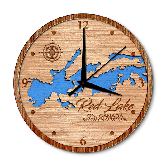 Red Lake in Ontario, Canada 14in Layered Map Clock - Any Lake, Pond, or Reservoir - Unique Home Decor