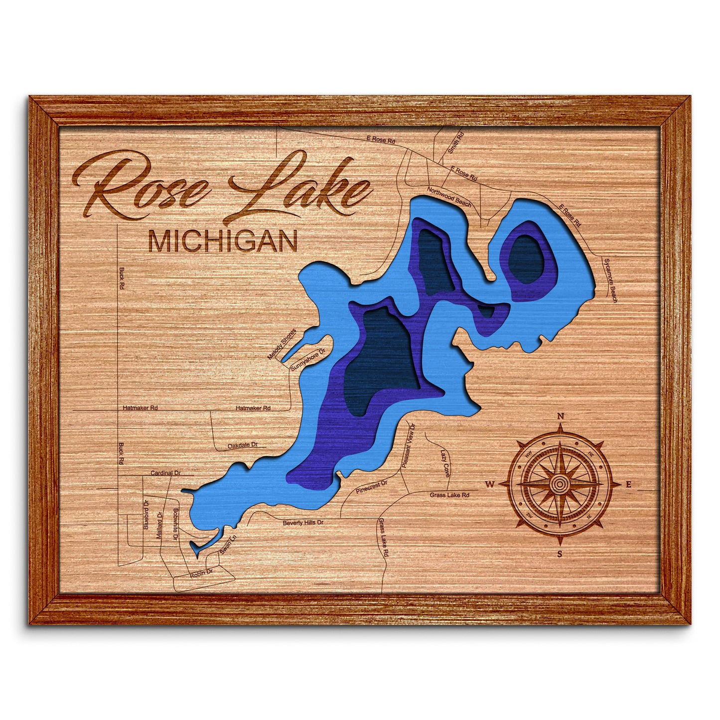 Rose Lake, Michigan Depth Map - Any Lake, Pond, or Reservoir - Unique Home Decor, Wall Art