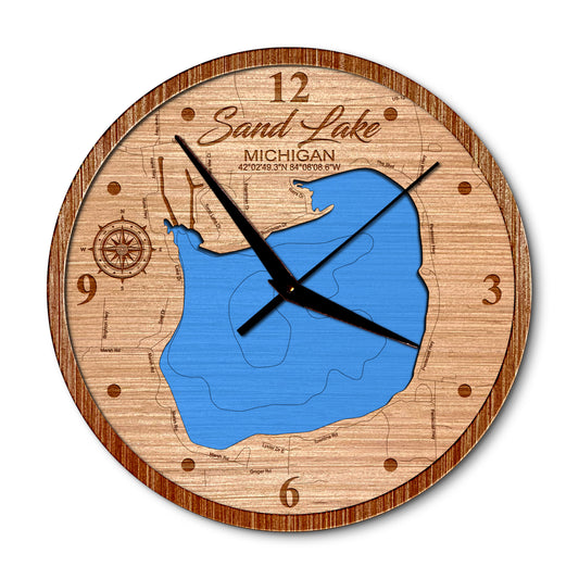 Sand Lake, Michigan 14in Layered Map Clock - Any Lake, Pond, or Reservoir - Unique Home Decor