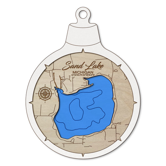 Sand Lake, Michigan Custom 3D Layered Wood Lake Map Ornament | Handcrafted Bathymetric Art