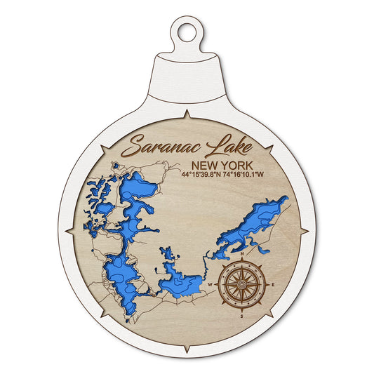 Saranac Lake NY Custom 3D Layered Wood Lake Map Ornament | Handcrafted Bathymetric Art
