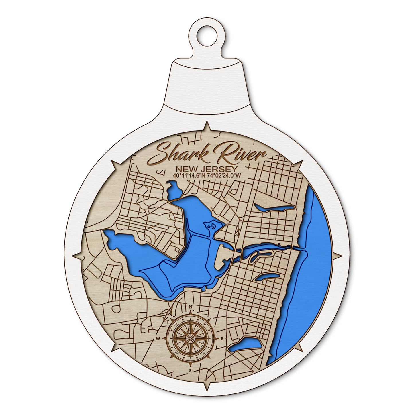 Shark River, New Jersey Custom 3D Layered Wood Lake Map Ornament | Handcrafted Bathymetric Art