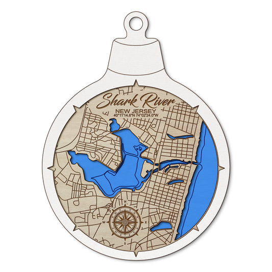 Shark River, New Jersey Custom 3D Layered Wood Lake Map Ornament | Handcrafted Bathymetric Art
