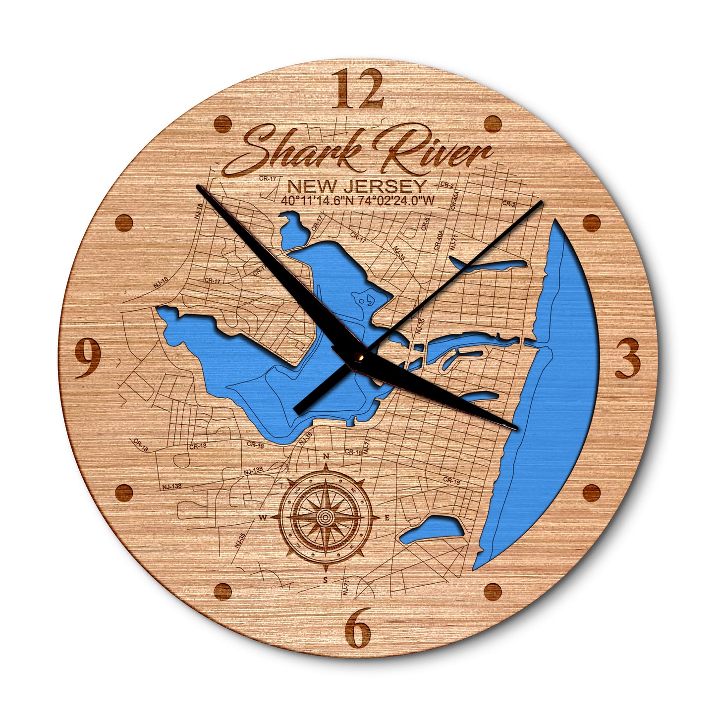 Shark River, New Jersey 14in Layered Map Clock - Any Lake, Pond, or Reservoir - Unique Home Decor