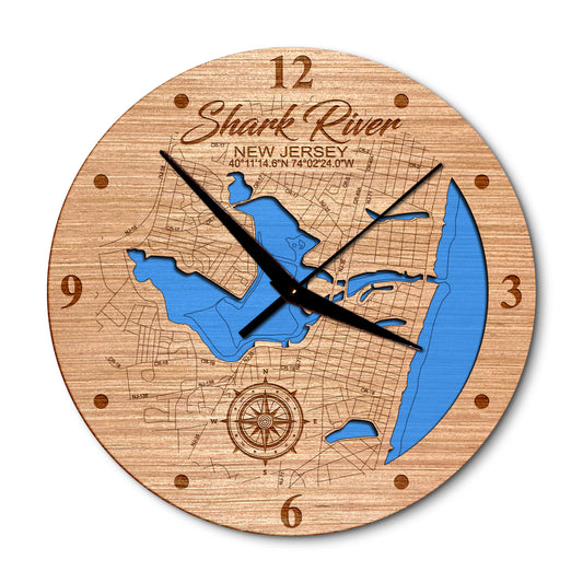 Shark River, New Jersey 14in Layered Map Clock - Any Lake, Pond, or Reservoir - Unique Home Decor