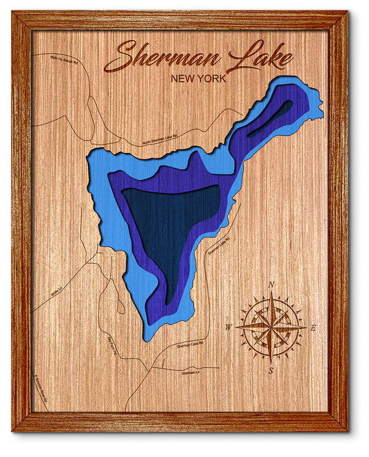 Sherman Lake in Warrensburg, New York Depth Map - Any Lake, Pond, or Reservoir, Home Decor, Wall Art, Wall Decor