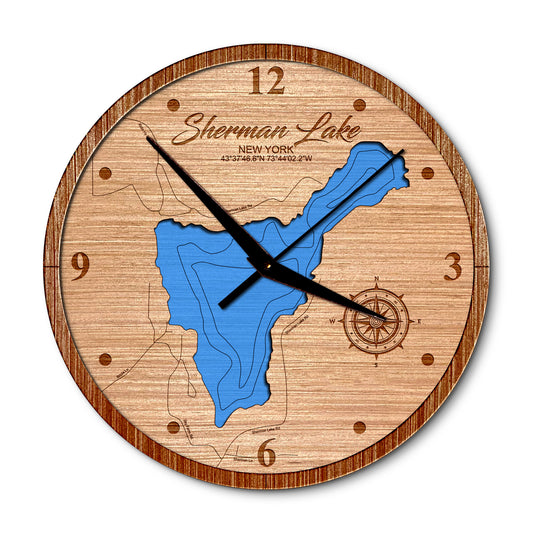 Sherman Lake in Warrensburg, New York Layered Map Clock - Any Lake, Pond, or Reservoir - Unique Home Decor