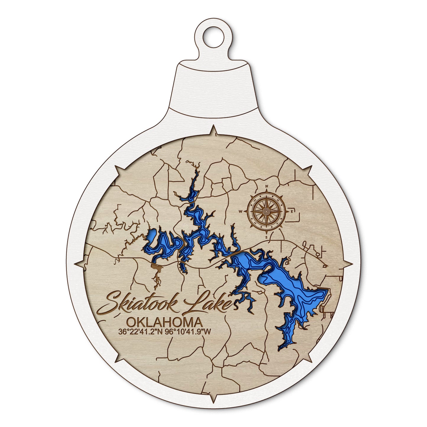 Skiatook Lake, Oklahoma Custom 3D Layered Wood Lake Map Ornament | Handcrafted Bathymetric Art
