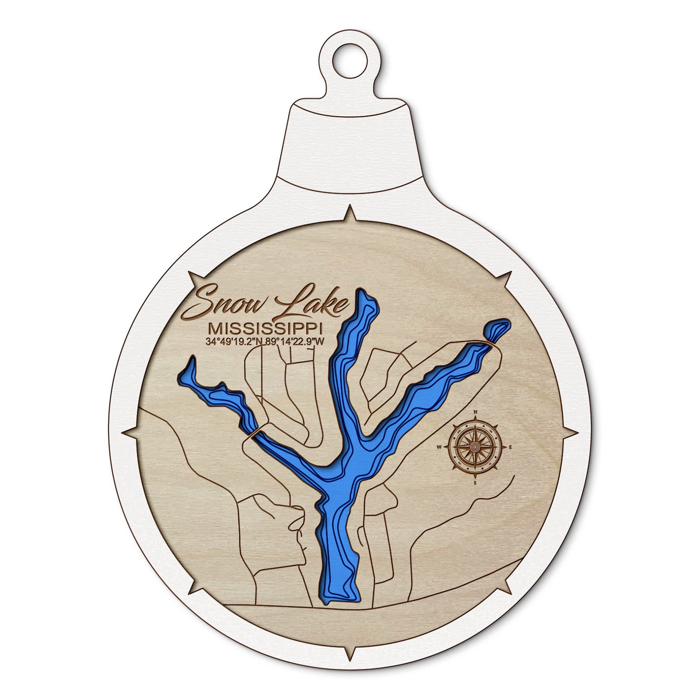 Snow Lake, Mississippi Custom 3D Layered Wood Lake Map Ornament | Handcrafted Bathymetric Art