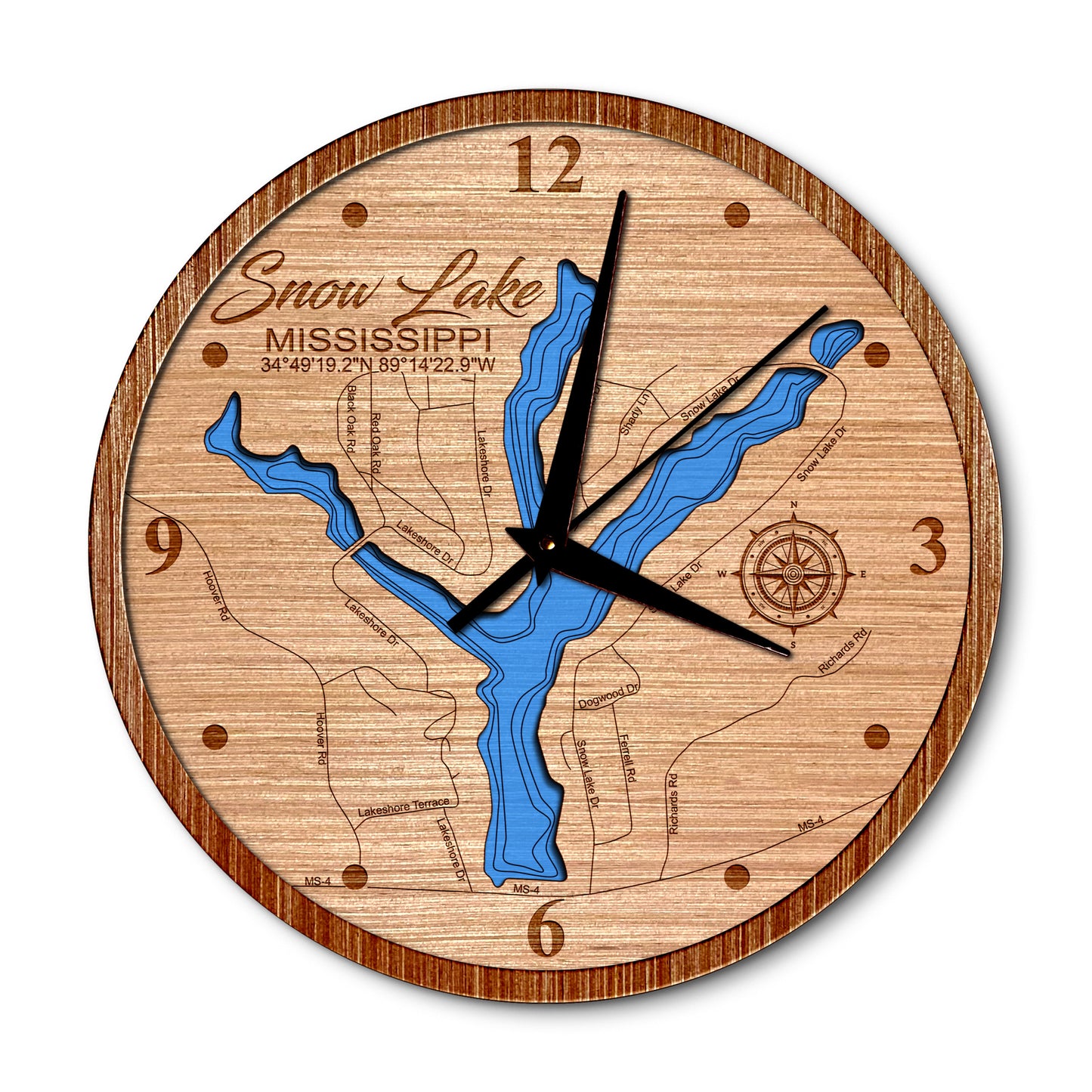 Snow Lake, Mississippi 14in Layered Map Clock - Any Lake, Pond, or Reservoir - Unique Home Decor