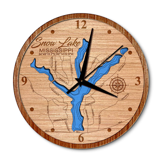Snow Lake, Mississippi 14in Layered Map Clock - Any Lake, Pond, or Reservoir - Unique Home Decor