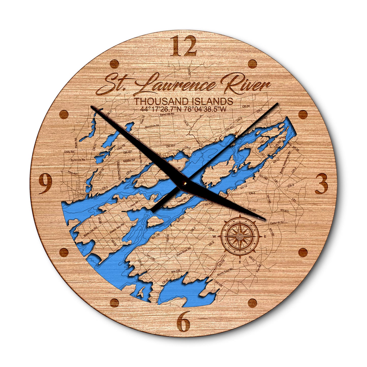 Thousand Islands St. Lawrence River 14in Layered Map Clock - Any Lake, Pond, or Reservoir - Unique Home Decor