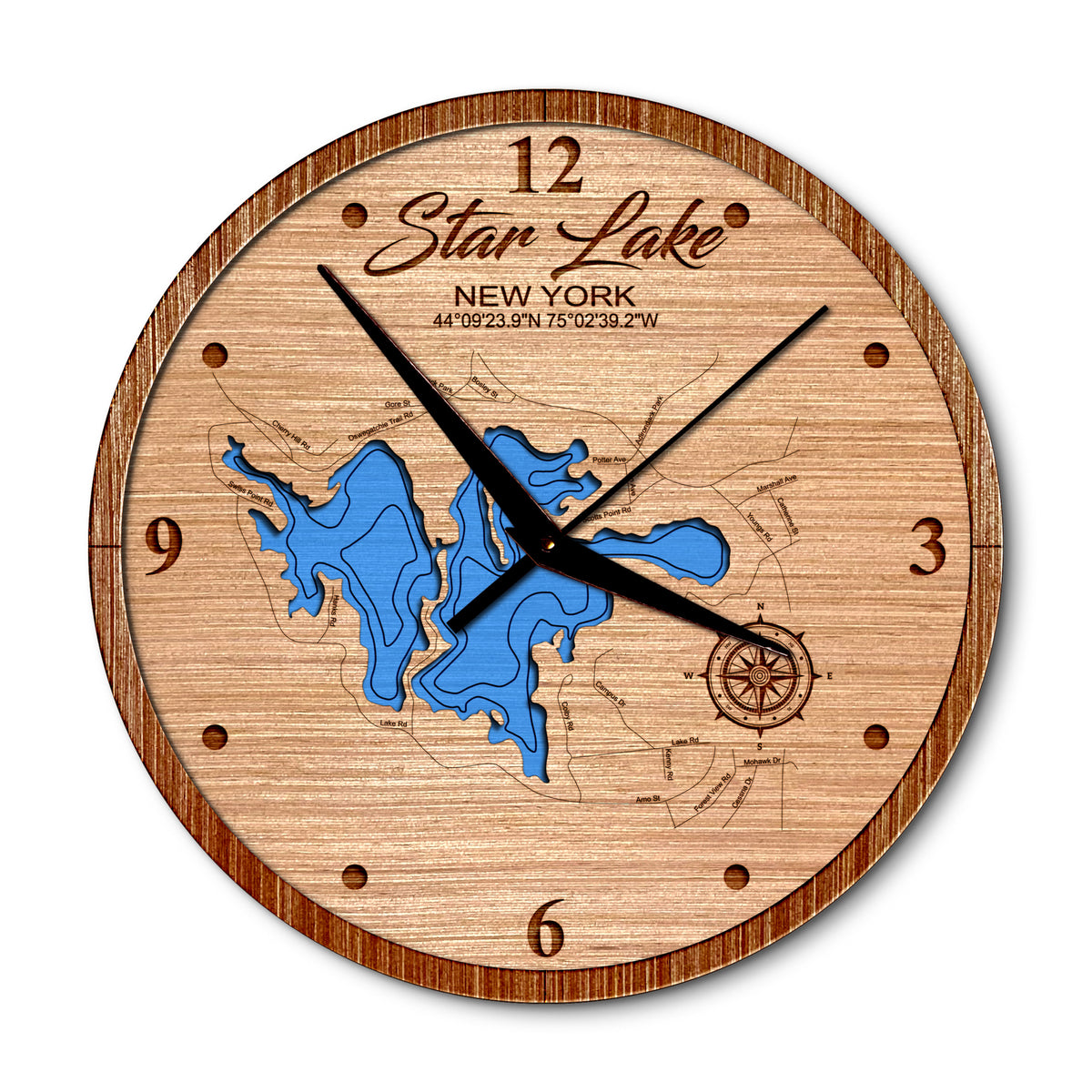 Star Lake New York 14in Layered Map Clock - Any Lake, Pond, or Reservoir - Unique Home Decor