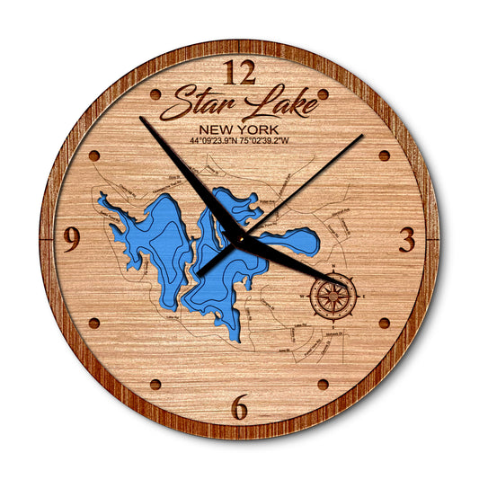 Star Lake New York 14in Layered Map Clock - Any Lake, Pond, or Reservoir - Unique Home Decor
