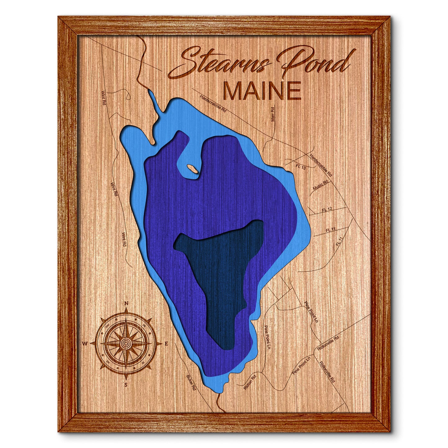 Stearns Pond, Maine Depth Map - Any Lake, Pond, or Reservoir - Unique Home Decor, Wall Art