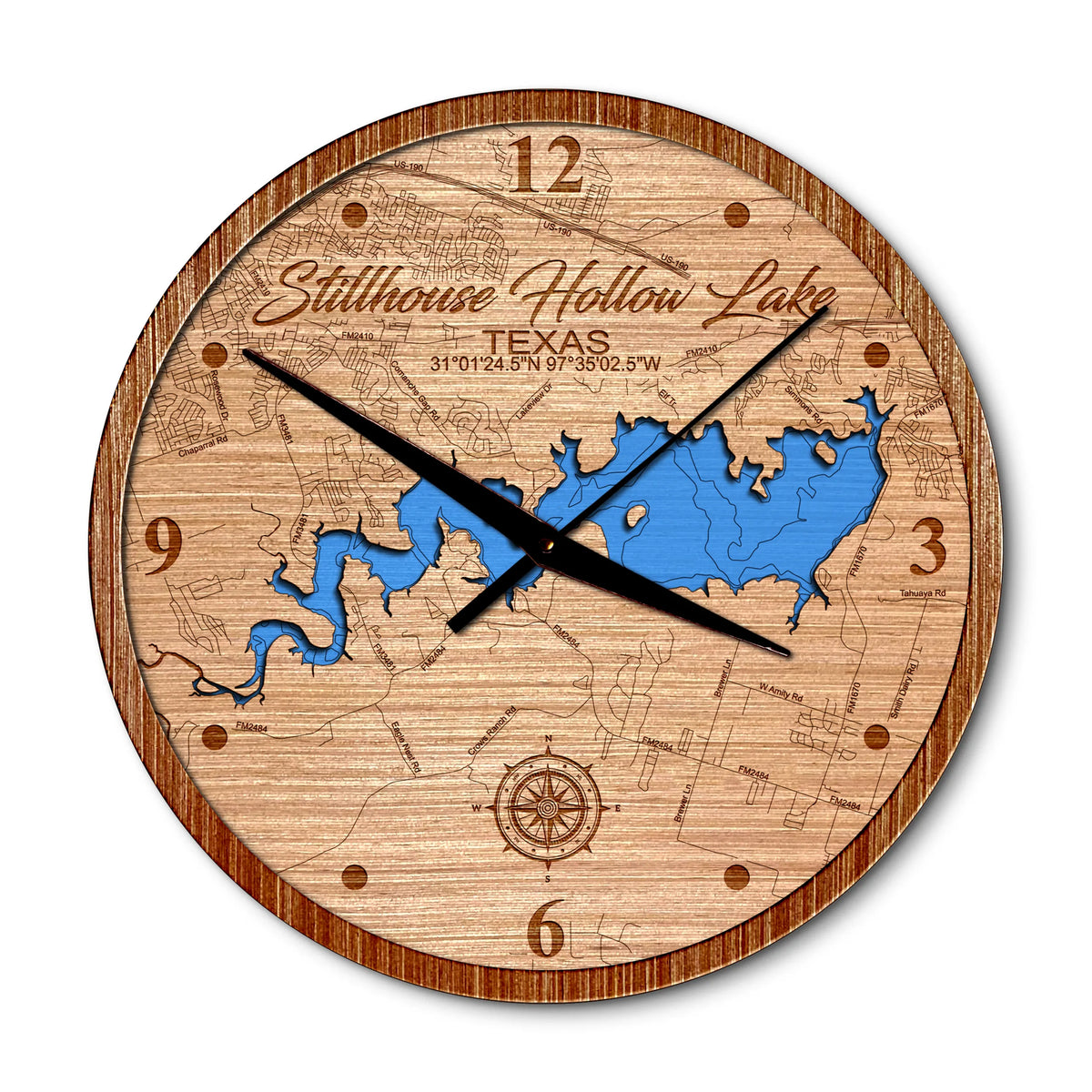 Stillhouse Hollow Lake, Texas 14in Layered Map Clock - Any Lake, Pond, or Reservoir - Unique Home Decor