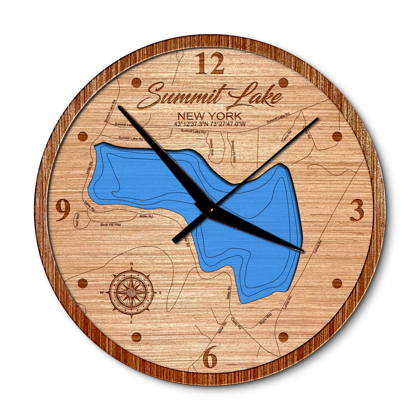 Summit Lake in Argyle, New York 14in Layered Map Clock - Any Lake, Pond, or Reservoir - Unique Home Decor